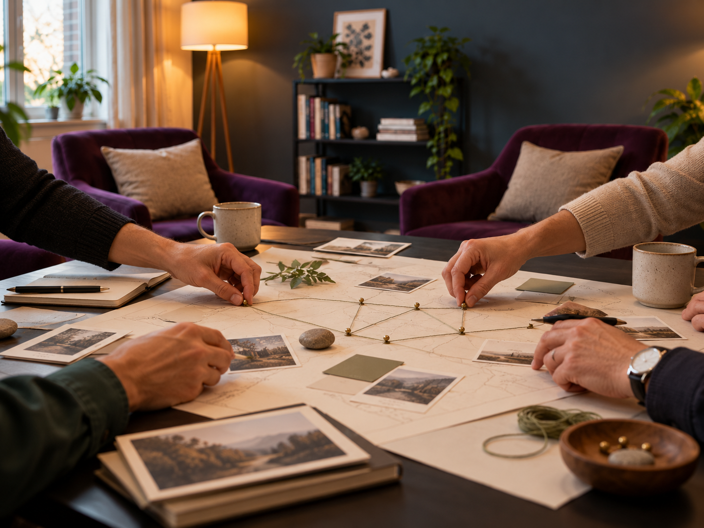 Plusieurs mains déplacent des repères reliés par des fils sur une feuille commune, parmi des cartes et des images.